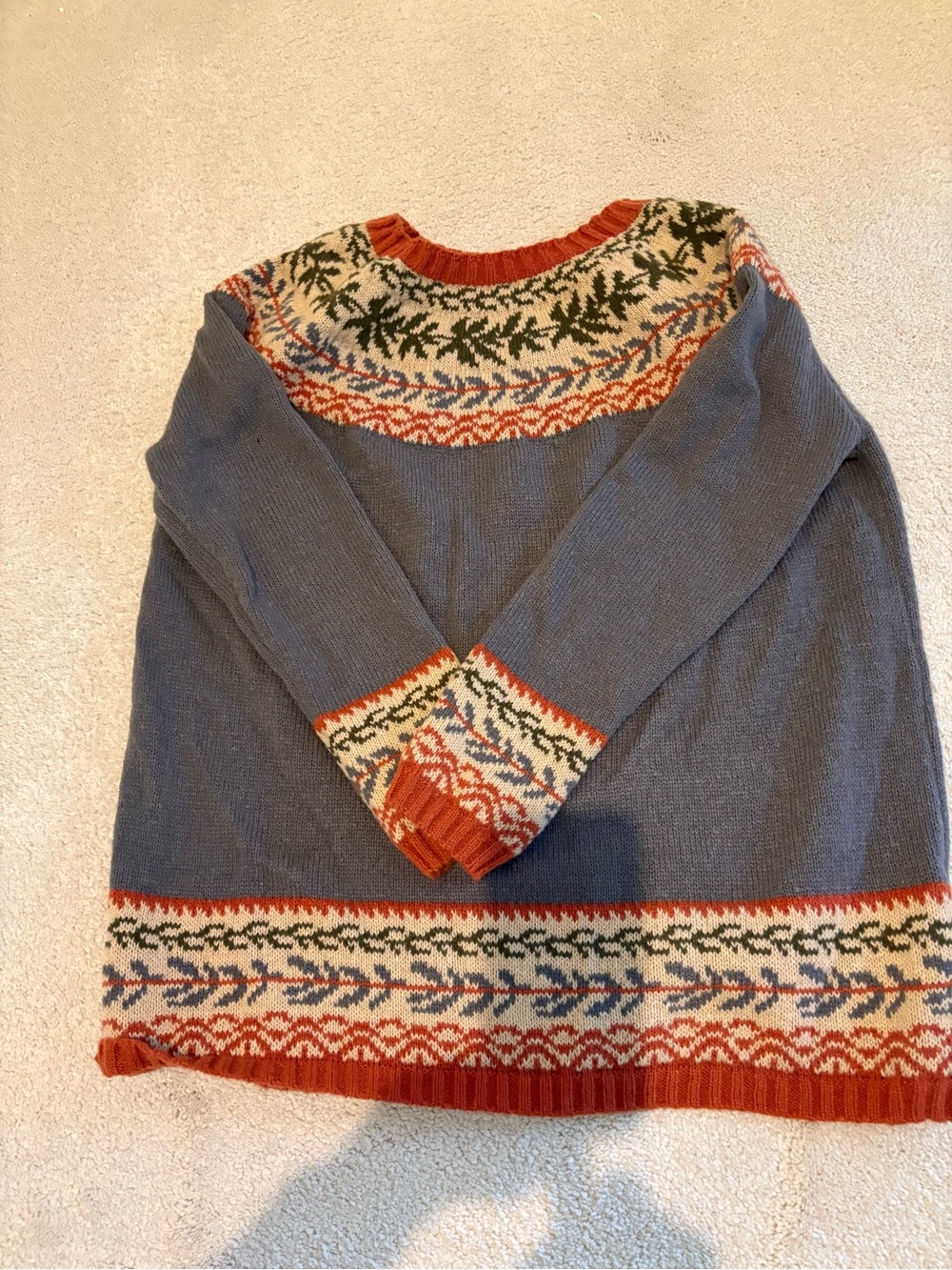 Women’s Grey Fair Isle Knit Sweater with Rust and Cream Accents